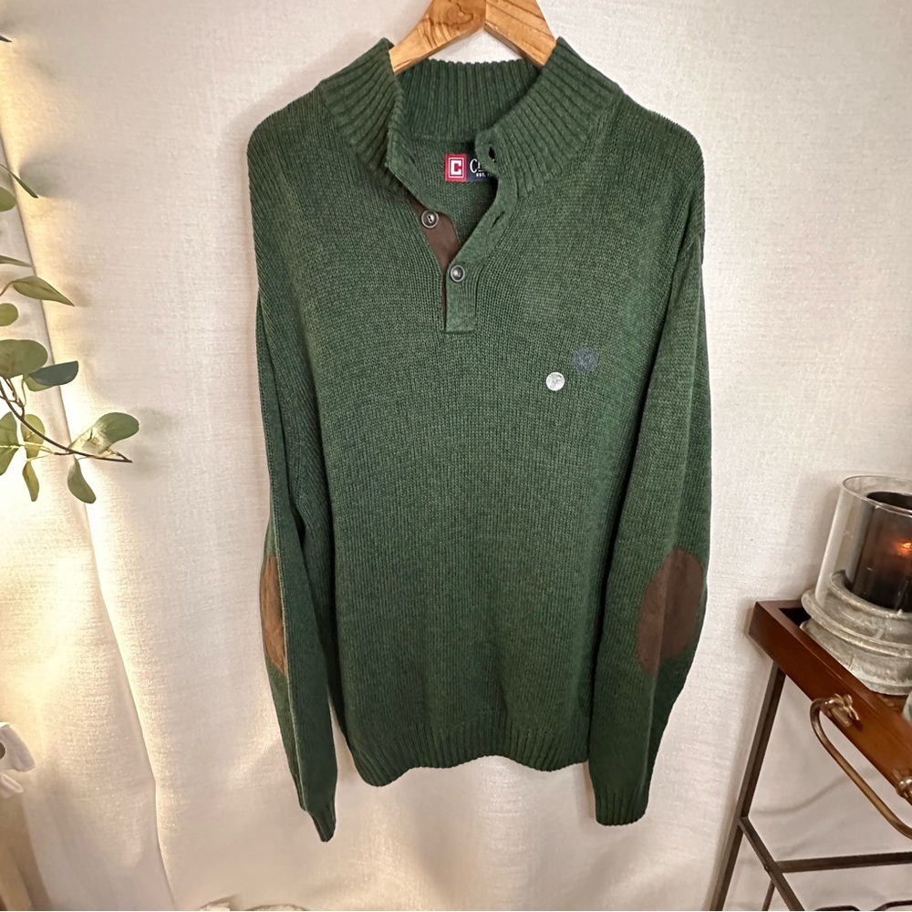 NWT Chaps Men’s Forest Green Mock Neck Sweater with Brown Elbow Patches XL